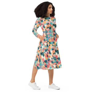 Long Sleeve Midi – Pastel Geometrical Shapes - Dipaliz - Dresses - Xs
