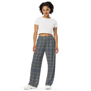 Blue geometric wide leg pants by DipaliZ in a stretch polyester knit