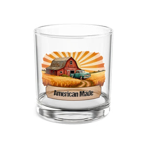 American Made Farmhouse Rocks Glass, 10oz Whiskey Tumbler with Barn & Vintage Truck Design - Tumblers