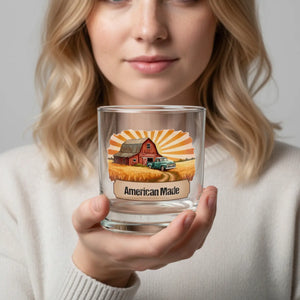 American Made Farmhouse Rocks Glass, 10oz Whiskey Tumbler with Barn & Vintage Truck Design - Mug