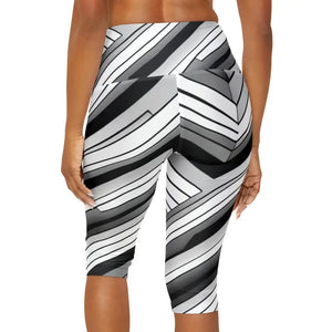 Yoga Capri Leggings Abstract Grey Black Striped Bold Style - Dipaliz - Activewear