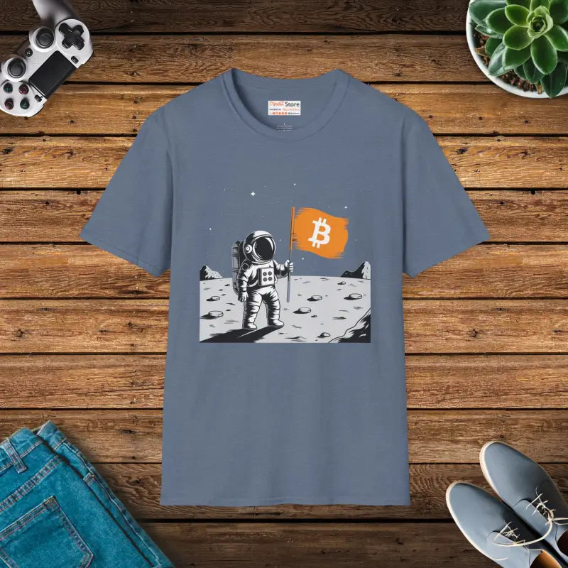 Unisex Softstyle Tee: Astronaut on the Moon with Bitcoin Flag - Heather Indigo / s T-shirt