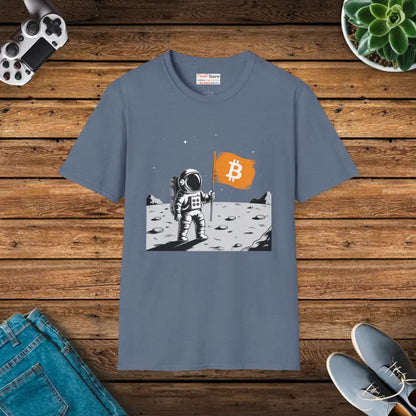 Unisex Softstyle Tee: Astronaut on the Moon with Bitcoin Flag - Heather Indigo / s T-shirt