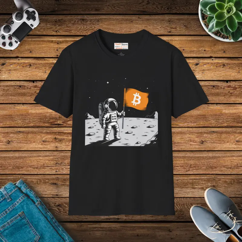 Unisex Softstyle Tee: Astronaut on the Moon with Bitcoin Flag - Black / s T-shirt