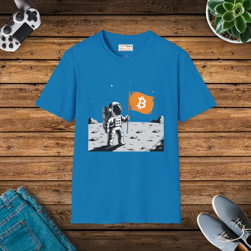 Unisex Softstyle Tee: Astronaut on the Moon with Bitcoin Flag - Sapphire / s T-shirt