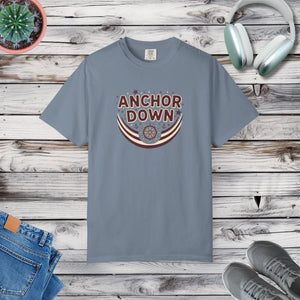 Anchor Down T-shirt, Nautical Ship Wheel Graphic Tee - Blue Jean / s