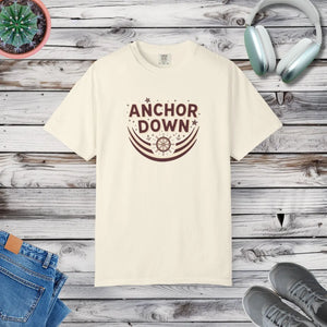 Anchor Down T-shirt, Nautical Ship Wheel Graphic Tee - Ivory / l