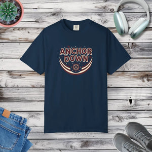 Anchor Down T-shirt, Nautical Ship Wheel Graphic Tee - True Navy / s