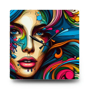 Acrylic Wall Clock Womans Face Artistic Splatter Design Dipaliz - 10.75’’ × (square) - Clocks