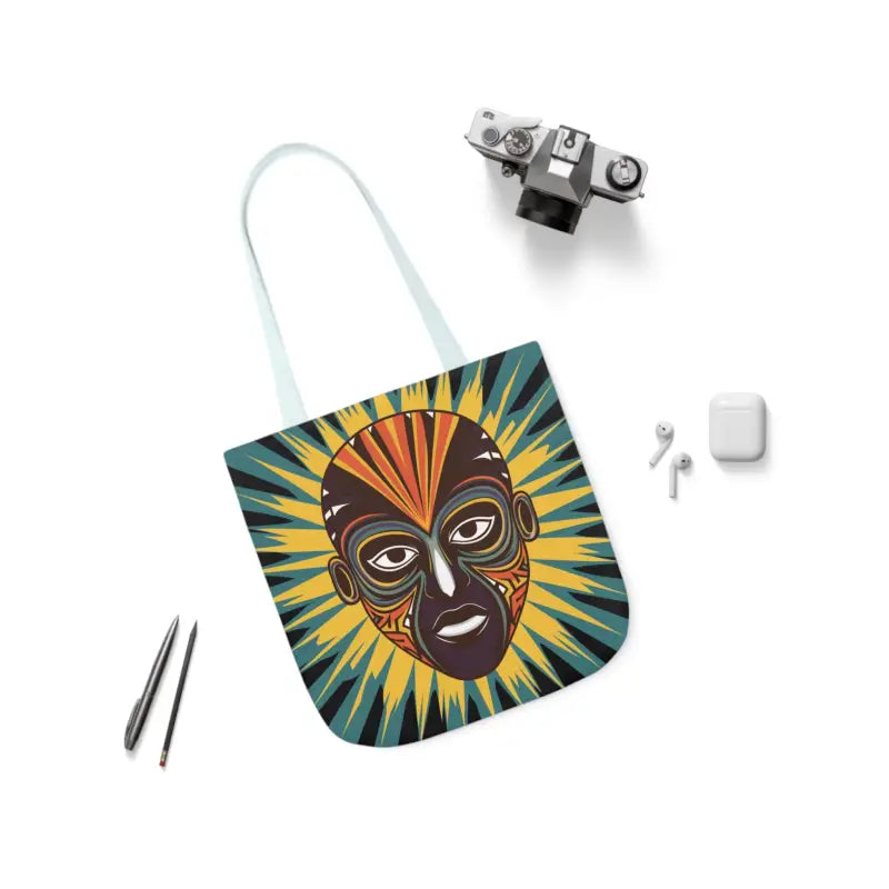 Artsy Canvas Tote Bag with African Tribal Mask Design - 13’’ × / Light Blue Bags