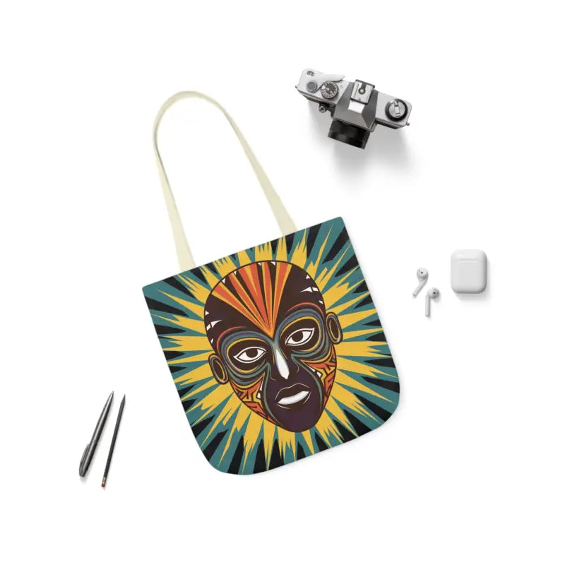 Artsy Canvas Tote Bag with African Tribal Mask Design - 13’’ × / Beige Bags