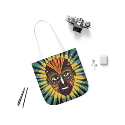 Artsy Canvas Tote Bag with African Tribal Mask Design - 13’’ × / White Bags