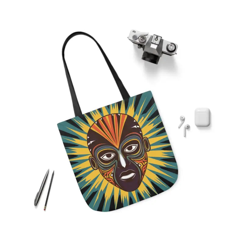 Artsy Canvas Tote Bag with African Tribal Mask Design - 16’’ × / Black Bags