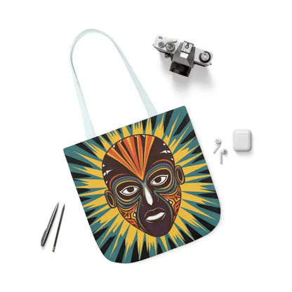 Artsy Canvas Tote Bag with African Tribal Mask Design - 18’’ × / Light Blue Bags