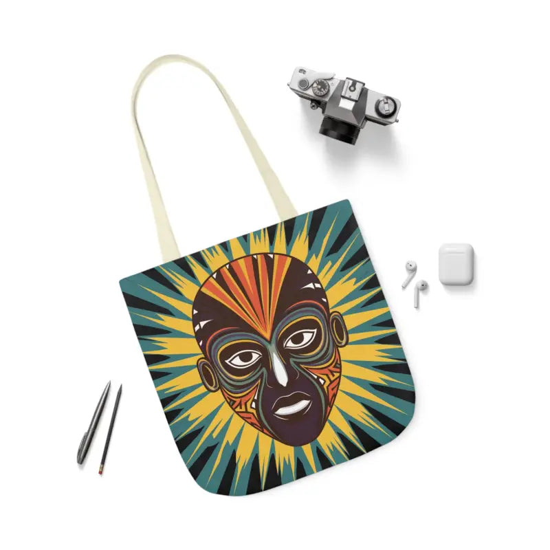 Artsy Canvas Tote Bag with African Tribal Mask Design - 18’’ × / Beige Bags