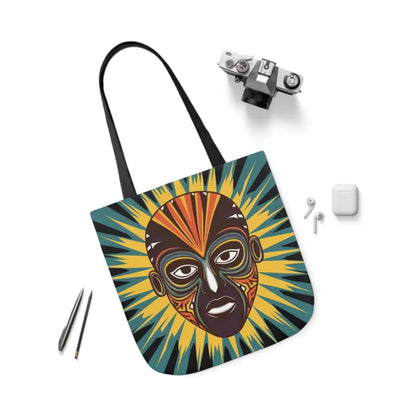 Artsy Canvas Tote Bag with African Tribal Mask Design - 18’’ × / Black Bags