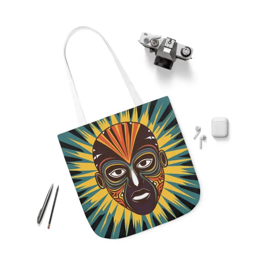 Artsy Canvas Tote Bag with African Tribal Mask Design - 18’’ × / White Bags