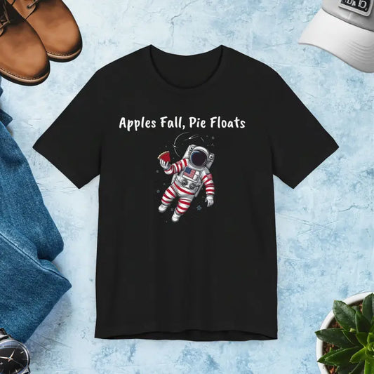 Astronaut with Apple Pie Tee - Soft Cotton Abstract Pattern - Black / s T-shirt