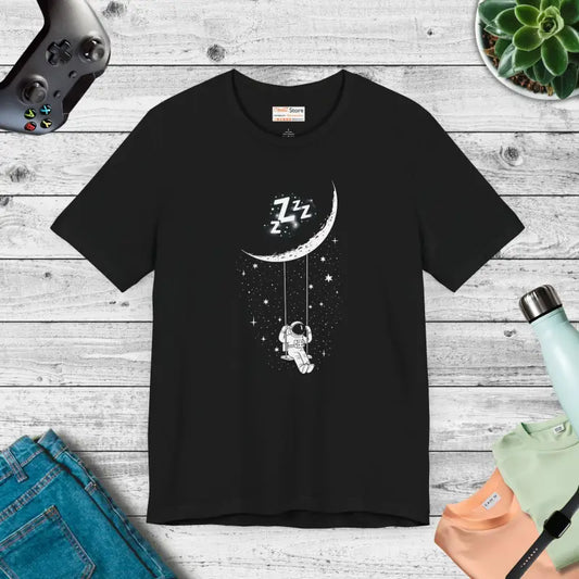 Swing Among Stars: Astronaut Moon Unisex Jersey Tee - Black / s T-shirt