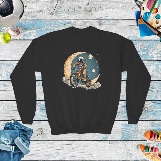 Youth Crewneck Sweatshirt: Astronaut Riding on Moon - Black / Xs Kids Clothes