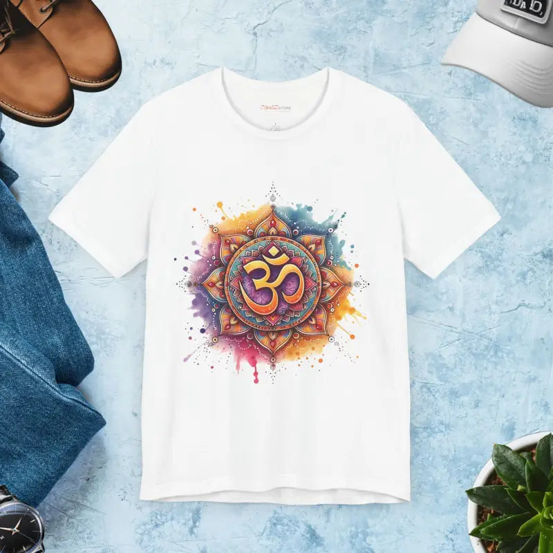 Aum Symbol Tee with Abstract Paint Splash - Unisex Short Sleeve - White / s T-shirt