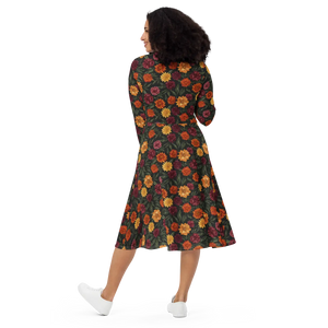 Long Sleeve Midi Dress – Autumn Botanical Print - Dipaliz - Dresses - Xs