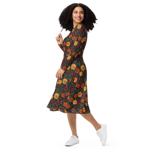 Autumn Botanical Long Sleeve Midi Dress