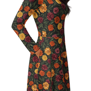 Long Sleeve Midi Dress – Autumn Botanical Print - Dipaliz - Dresses - Xs
