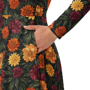 Long Sleeve Midi Dress – Autumn Botanical Print - Dipaliz - Dresses - Xs