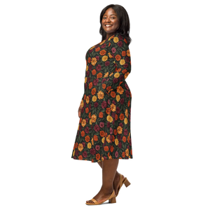 Long Sleeve Midi Dress – Autumn Botanical Print - Dipaliz - Dresses - Xs