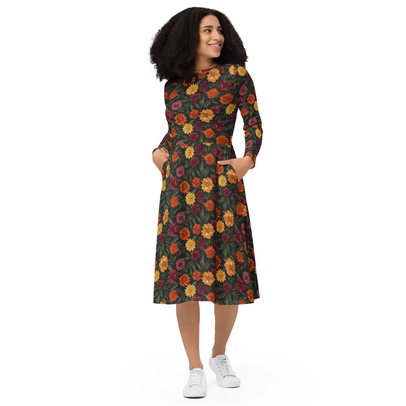 Autumn Botanicals Long Sleeve Midi Dress - Fall