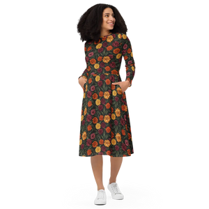 Long Sleeve Midi Dress – Autumn Botanical Print - Dipaliz - Dresses - Xs