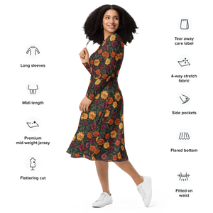 Long Sleeve Midi Dress – Autumn Botanical Print - Dipaliz - Dresses - Xs