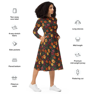 Long Sleeve Midi Dress – Autumn Botanical Print - Dipaliz - Dresses - Xs