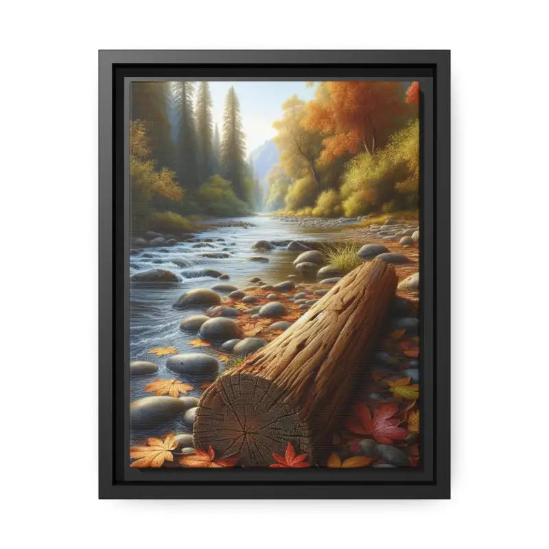 Autumn River Framed Canvas: Cozy Vibes and Leafy Beauty - 9’’ x 12’’ (vertical) / Black / 1.25’’ Canvas