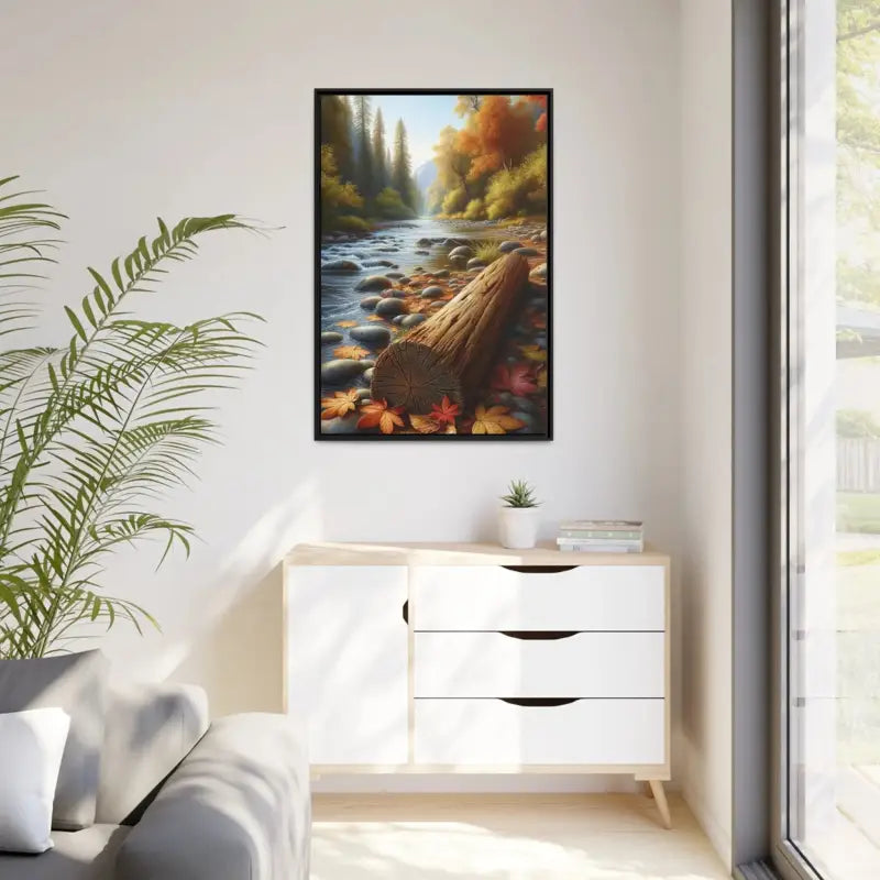 Autumn River Framed Canvas: Cozy Vibes and Leafy Beauty - Canvas