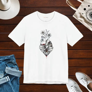 Bandaged Heart Jersey Short Sleeve Tee with Floral Blood Art - Dipaliz - White / s - T-shirts
