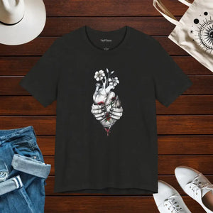 Bandaged Heart Jersey Short Sleeve Tee with Floral Blood Art - Dipaliz - Black Heather / s - T-shirts