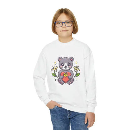 Beary Cute Youth Crewneck Sweatshirt with Heartful Bear Design - White / Xs Kids Clothes