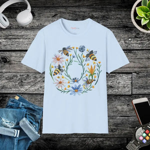 Softstyle Cotton T-shirt Bees and Flowers Circle Design - Dipaliz - Light Blue / s - T-shirts