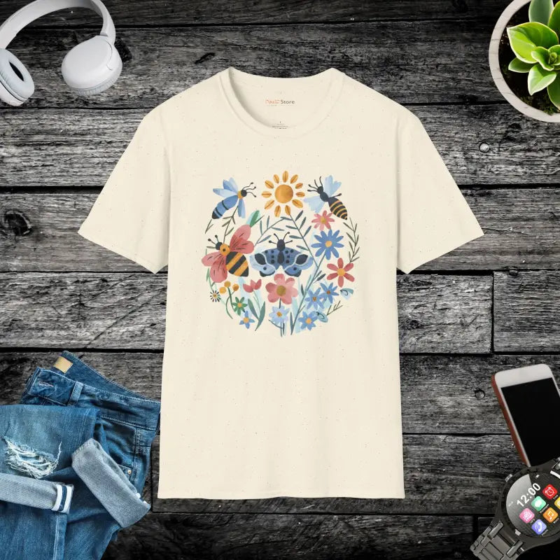 Bees and Flowers Unisex Softstyle T-shirt - Natural / s