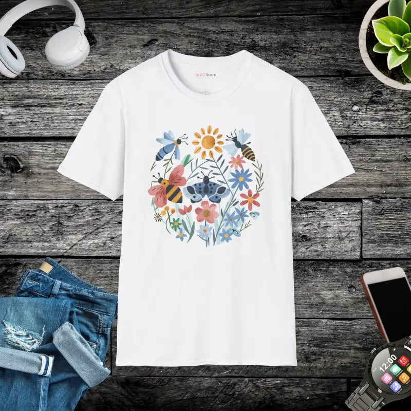 Bees and Flowers Unisex Softstyle T-shirt - White / s