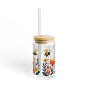 Flowers Sipper Glass with Bamboo Lid Eco Chic Tumbler - Dipaliz - Tumblers