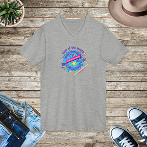 Retro Planet Graphic V-neck Tee - Neon Ribbed Knit Collar - Dipaliz - V-neck