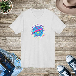 Retro Planet Graphic V-neck Tee - Neon Ribbed Knit Collar - Dipaliz - V-neck