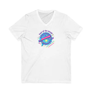 Retro Planet Graphic V-neck Tee - Neon Ribbed Knit Collar - Dipaliz - V-neck