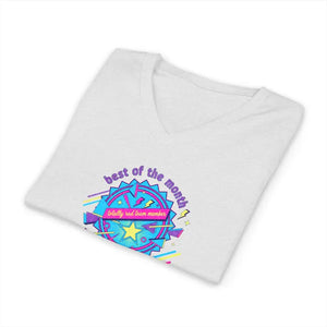 Retro Planet Graphic V-neck Tee - Neon Ribbed Knit Collar - Dipaliz - V-neck