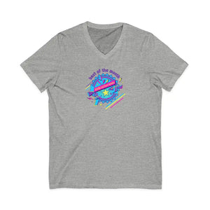 Retro Planet Graphic V-neck Tee - Neon Ribbed Knit Collar - Dipaliz - Athletic Heather / s - V-neck
