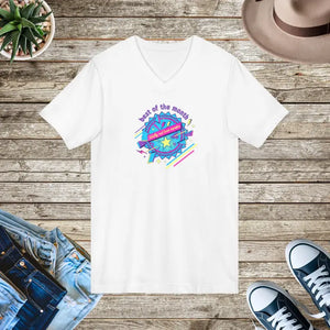 Retro Planet Graphic V-neck Tee - Neon Ribbed Knit Collar - Dipaliz - White / s - V-neck