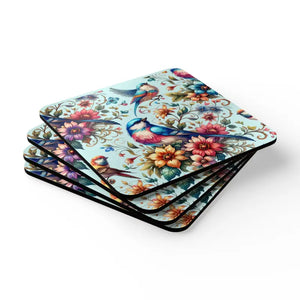 Birds Corkwood Coasters - Vibrant Floral Design - Dipaliz - Cork / 3.75’’ × / Square